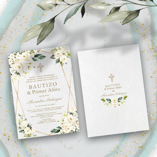 Elegant White Floral Spanish 1st Birthday Baptism Invitation (Creator Uploaded)