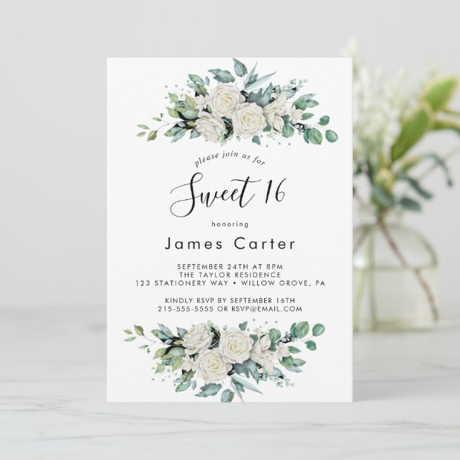 Elegant White Floral Sweet Sixteen Birthday  Invitation (Standing Front)