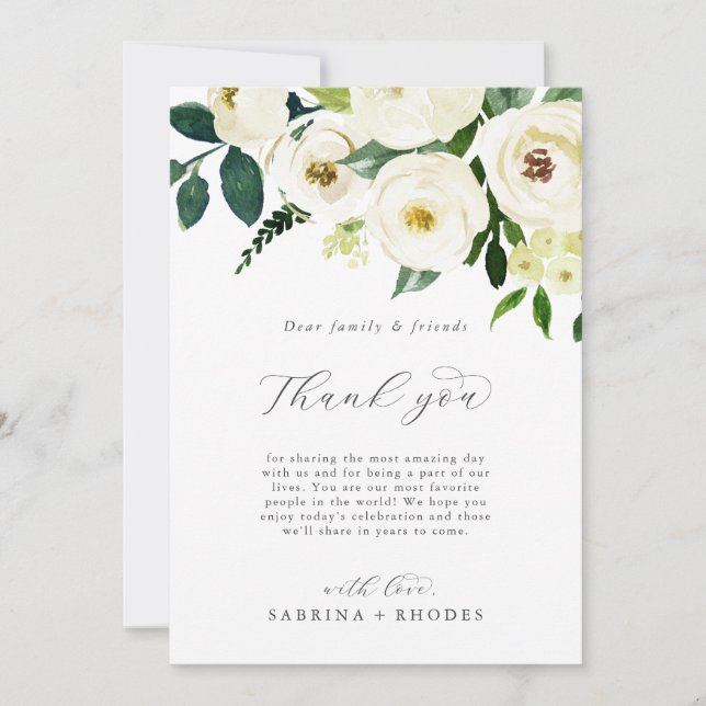 Elegant White Floral Thank You Reception Flat Card (Front)