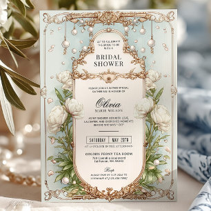 Elegant White Floral Vintage Pearl Bridal Shower Invitation