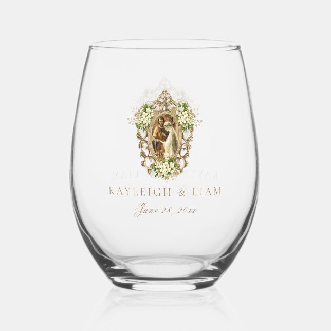Elegant White Floral Virgin Mary Catholic Wedding Stemless Wine Glass (Back)