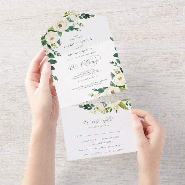 Elegant White Floral Wedding All In One Invitation (Tearaway)