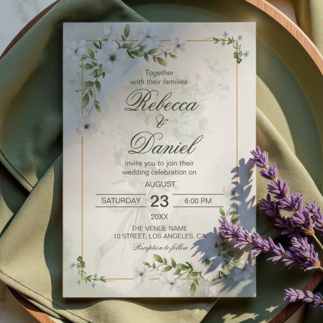 Elegant White Floral Wedding Greenery Gold Frame Invitation (Creator Uploaded)