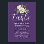 Elegant White Floral Wedding Guest Seating Chart Table Number<br><div class="desc">Elegant DIY wedding seating chart and table number. It begins with a dark purple background that frames the white design. A white rose floral posey sits at the top of the table number card that also has the guest names on it. Table is written in a large, modern, carefree flowing...</div>