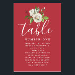 Elegant White Floral Wedding Guest Seating Chart Table Number<br><div class="desc">Elegant DIY wedding seating chart and table number. It begins with a deep red background that frames the white design. A white rose floral posey sits at the top of the table number card that also has the guest names on it. Table is written in a large, modern, carefree flowing...</div>