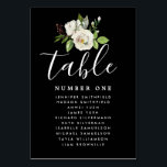 Elegant White Floral Wedding Guest Seating Chart Table Number<br><div class="desc">Elegant DIY wedding seating chart and table number. It begins with a deep black background that frames the white design. A white rose floral posey sits at the top of the table number card that also has the guest names on it. Table is written in a large, modern, carefree flowing...</div>