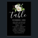 Elegant White Floral Wedding Guest Seating Chart Table Number<br><div class="desc">Elegant DIY wedding seating chart and table number. It begins with a deep black background that frames the white design. A white rose floral posey sits at the top of the table number card that also has the guest names on it. Table is written in a large, modern, carefree flowing...</div>