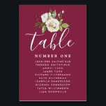 Elegant White Floral Wedding Guest Seating Chart Table Number<br><div class="desc">Elegant DIY wedding seating chart and table number. It begins with a deep burgundy red background that frames the white design. A white rose floral posey sits at the top of the table number card that also has the guest names on it. Table is written in a large, modern, carefree...</div>