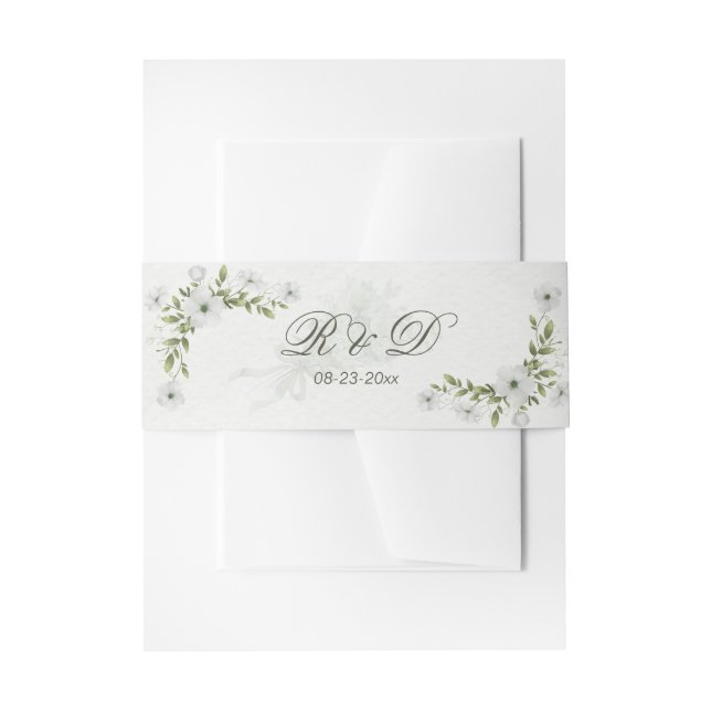 Elegant White Floral Wedding Monogram Invitation Belly Band (Front Example)