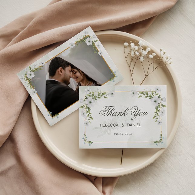 Elegant White Floral Wedding Photo Thank You Card (Creator Uploaded)