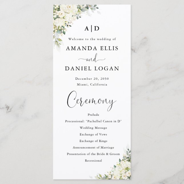Elegant White Floral Wedding Program Programme (Front)