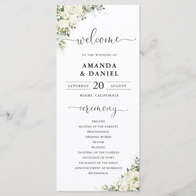 Elegant White Floral Wedding Program Programme (Front)