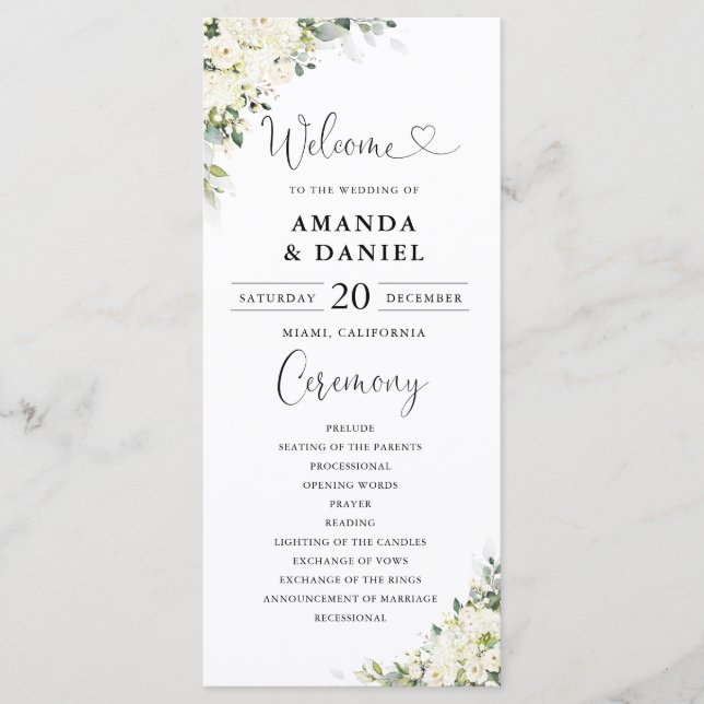 Elegant White Floral Wedding Program Programme (Front)