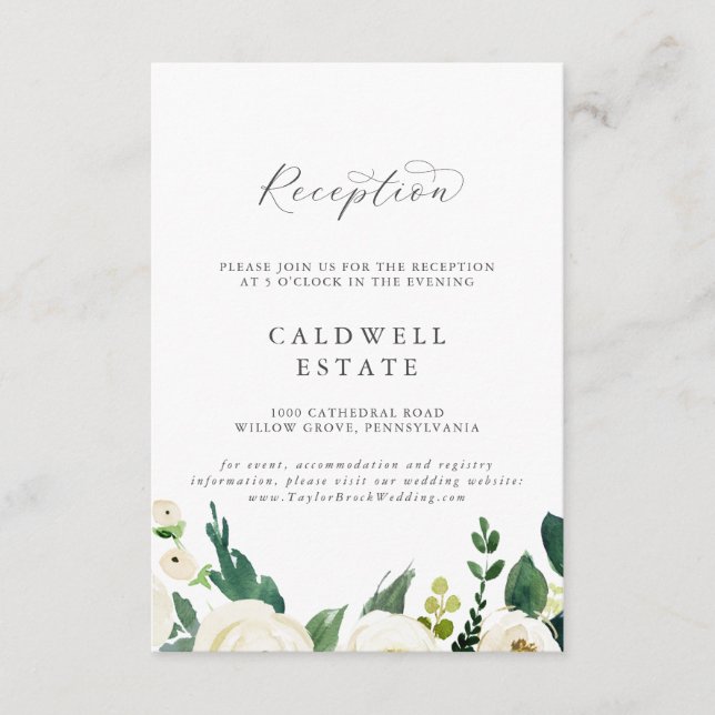 Elegant White Floral Wedding Reception Enclosure Card (Front)