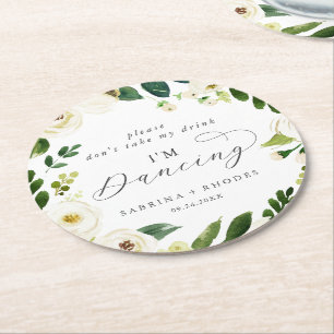 Elegant White Floral Wedding Reception I'm Dancing Round Paper Coaster