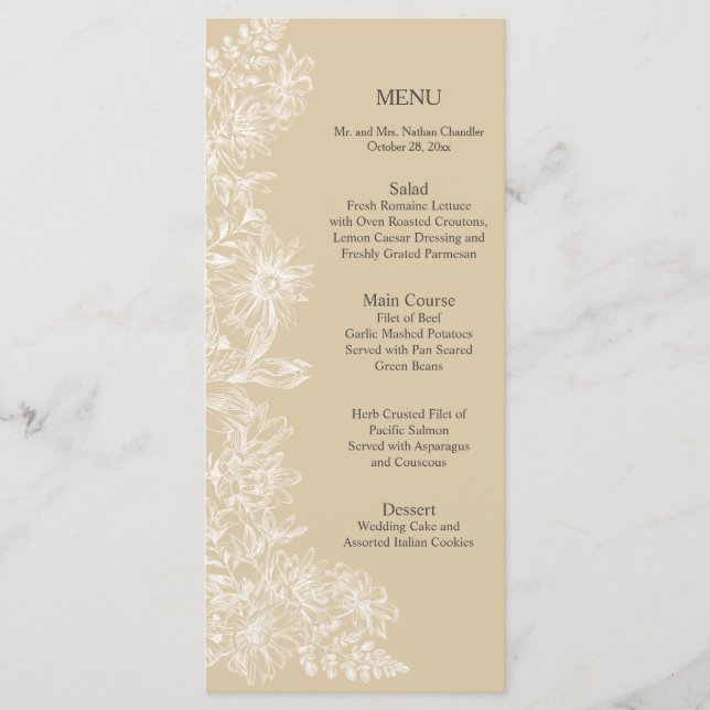 Elegant White Floral Wedding Reception Menu (Front)