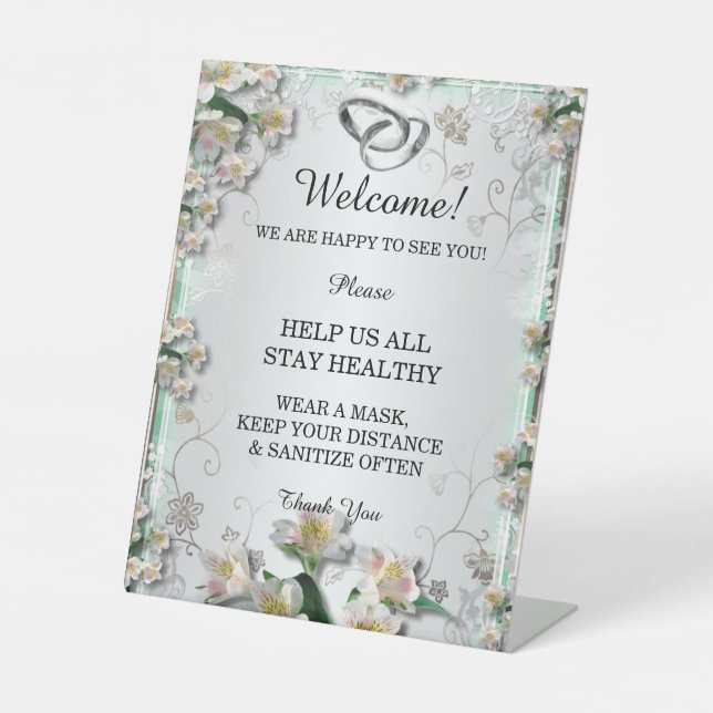 Elegant White Floral Wedding Safety  Pedestal Sign (Front)