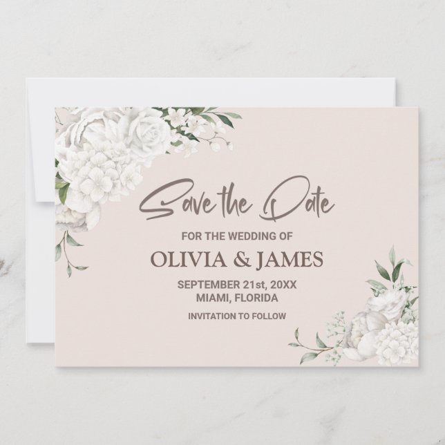 Elegant White Floral Wedding Save The Date (Front)