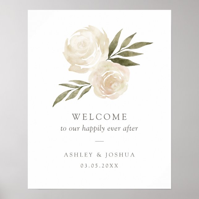 Elegant White Floral Wedding Welcome Sign (Front)