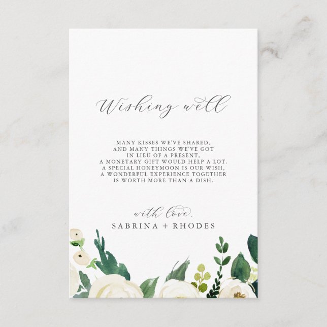 Elegant White Floral Wedding Wishing Well Enclosure Card (Front)