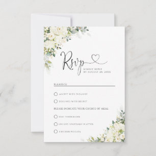 Elegant White Floral Wedding With Meal Choice RSVP Card