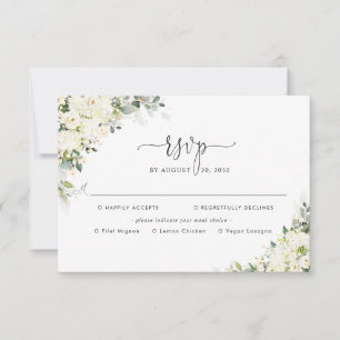 Elegant White Floral Wedding With Meal Choice RSVP Card