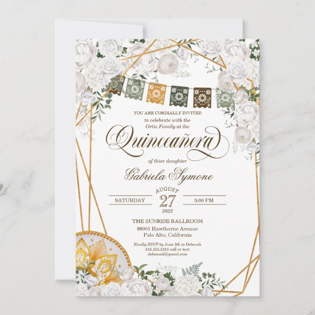 Elegant White Floral Western Charro Quinceanera In Invitation (Front)