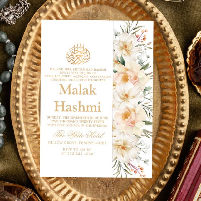 Elegant White Floral White Islamic Aqiqa Aqeeqa Invitation (Creator Uploaded)