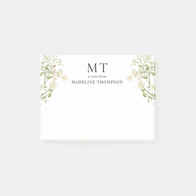 Elegant White Floral Wildflower Classic Monogram Post-it Notes (Front)
