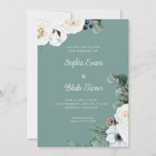 Elegant White Floral with Greenery Green Wedding Invitation