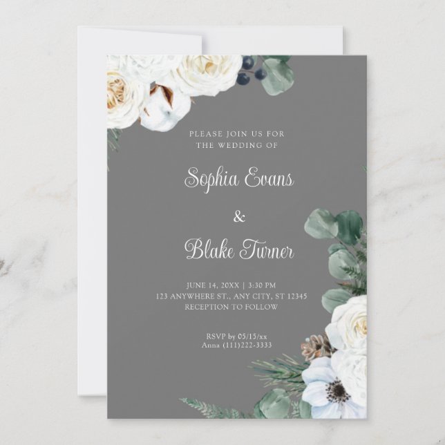 Elegant White Floral with Greenery Grey Wedding Invitation (Front)