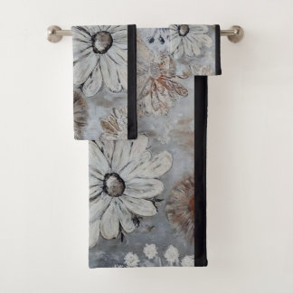 Elegant White Floral With Grey Bath Towel Set