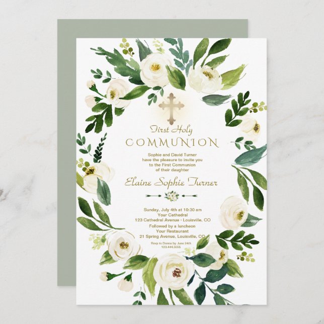 Elegant White Floral Wreath Cross Holy Communion Invitation (Front/Back)
