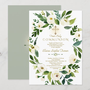 Elegant White Floral Wreath Cross Holy Communion Invitation