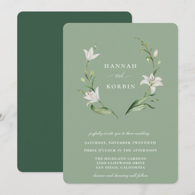 Elegant White Floral Wreath Sage Green Wedding Invitation (Front/Back)