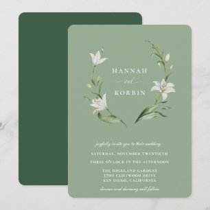 Elegant White Floral Wreath Sage Green Wedding Invitation