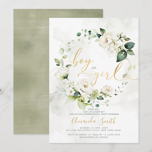 Elegant White Florals Gender Reveal Boy Or Girl Invitation (Front/Back)