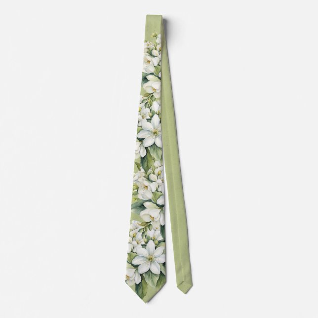 Elegant White Florals Green Groom Wedding Tie (Front)
