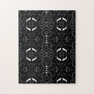 Elegant White Flourishes & Embellishments on Black Jigsaw Puzzle