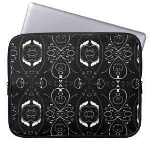 Elegant White Flourishes & Embellishments on Black Laptop Sleeve