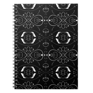 Elegant White Flourishes & Embellishments on Black Notebook