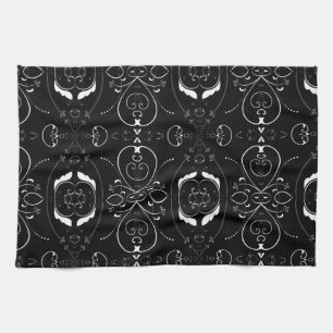 Elegant White Flourishes & Embellishments on Black Tea Towel