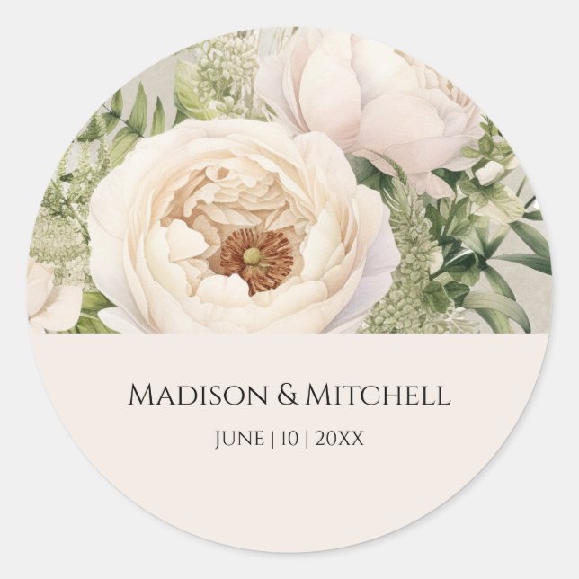 Elegant White Flower Bouquet Watercolor  Classic Round Sticker (Front)