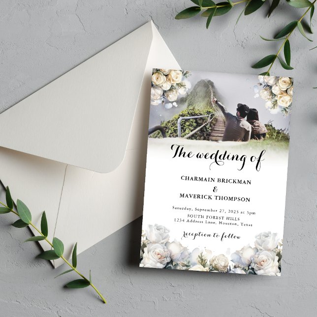 Elegant White Flower Bouquets Photo Wedding Invitation (Creator Uploaded)