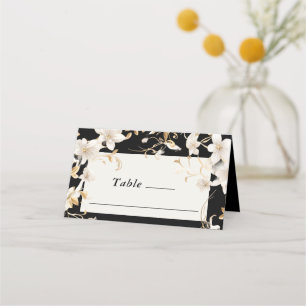 Elegant White Flower Design on Black Wedding Place Card