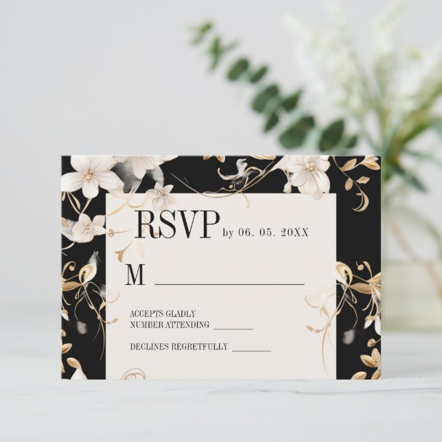 Elegant White Flower Design on Black Wedding RSVP Card (Standing Front)