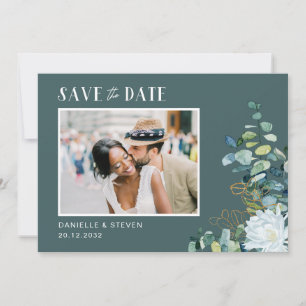 Elegant white flower eucalyptus photo wedding save the date