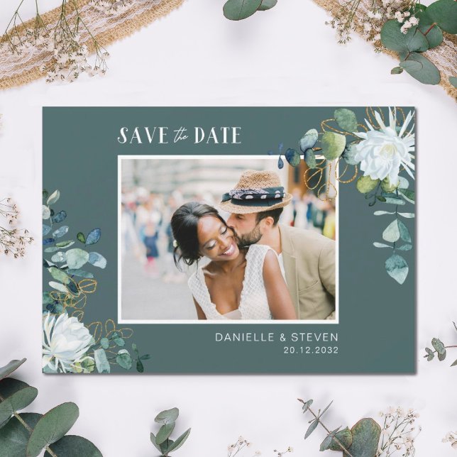 Elegant white flower eucalyptus wedding photo save the date (Creator Uploaded)