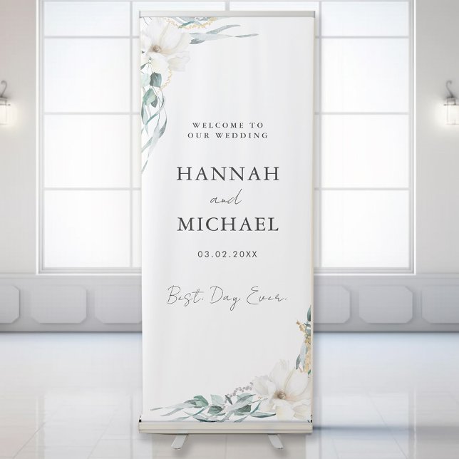 Elegant, White, Flower, Leafy, Wedding Retractable Banner (WELCOME & BEST DAY EVER! Elegant, White, Flower, Leafy, Wedding Retractable Banner.)