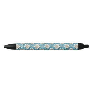 Elegant White Flower Pattern With Pearls Black Ink Pen